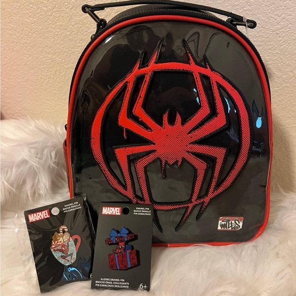 Marvel Spider-Man Miles Morales Logo Mini Backpack & Loungefly Spider-Man Pins - Picture 2 of 11